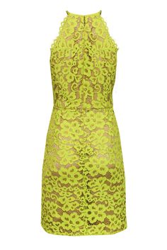 You'll be bright and bold in this dress from Trina Turk! Featuring a neon lace design over a nude lining, this colorful piece is perfect for standing out in the crowd at your next cocktail party. Pair with wedges and a chic clutch to complete the look. Size 10 Shell: 100% Nylon Contrast: 100% Silk Lining: 100% Polyester Concealed back zipper Nude lining Fit and flare silhouette Scoop neckline Sleeveless Neon lace design Bust 36" Waist 32" Shoulder to hem 39" Summer Party Dress With Contrast Lace, Green Lace Midi Dress For Summer, Green Lace Midi-length Dress For Summer, Green Midi Lace Dress For Summer, Green Lace Dress For Summer Evening, Spring Sleeveless Mini Dress With Contrast Lace, Summer Evening Green Lace Dress, Spring Party Lace Dress With Scalloped Lace, Spring Party Mini Dress With Scalloped Lace