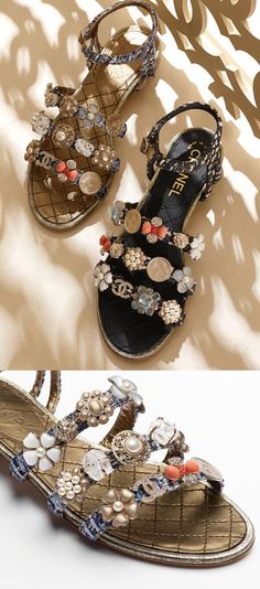 Exquisite Chanel Sandals. Wanted! Channel Shoes, Chanel 2015, Moda Chanel, Chanel Resort, Spring Sandals, Chanel Couture, Bag Shoes, Embellished Sandals, Chanel Fashion