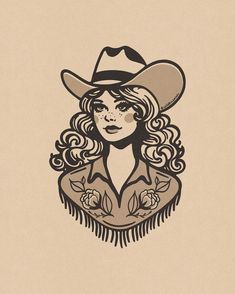 a drawing of a woman wearing a cowboy hat with long hair and flowers on it