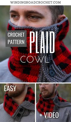 a man wearing a red and black plaid scarf with the words, crochet pattern paid