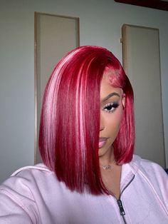 Bright Red And Pink Hair, Dark Pink Wigs For Black Women, Pink And Red Hair Color, Peak A Boo Pink Hair Color, Red Pinkish Hair, Burgundy Bob With Bangs, 4c Red Hair, Red And Pink Hair Black Women, Pink Curly Hair Black Women