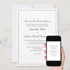 a person holding an iphone in front of a wedding card with the wording on it