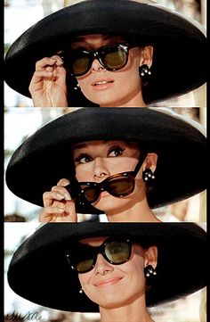 three pictures of a woman wearing large black hats and sun glasses, with the same hat on her head