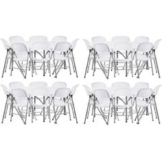 set of six white plastic chairs with metal legs and backrests, all facing each other