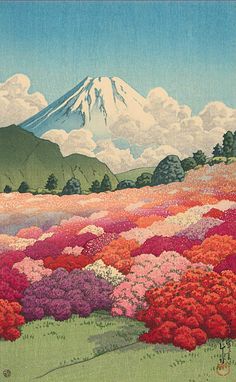 a painting of a mountain with flowers in the foreground and clouds in the background