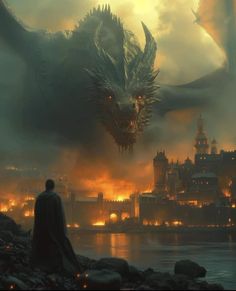 a man standing in front of a large dragon on top of a city at night