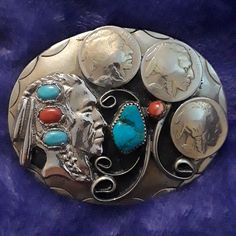 Wonderfully Crafted Belt Buckle. New 3"X2.5" Indian Head, Coral Turquoise, Belt Buckle, Belt Buckles, Lady In Red, Red Blue, Red And Blue, Belts, Color Blue