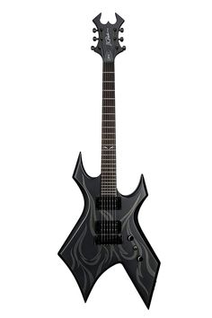 an electric guitar with black and white swirls on the body, in front of a white background