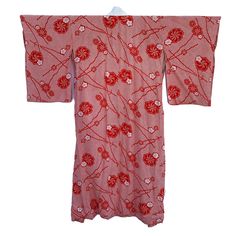 "This beautiful vintage rayon juban (underkimono) has a gorgeous faux shibori and plum blossom pattern in red and white. It has a cream silk crepe collar. Measurements: Length (from bottom of collar to hem): 53\" Width (cuff to cuff): 48\" Sleeve length (top to bottom): 21.5\" Body width (shoulder seam to shoulder seam): 23\" Great vintage condition One stain on the back midsection and one spot on hem. A few small holes and marks on lining. (see photos) RETURN POLICY: On our vintage items we unf Traditional Red Floral Print Kimono, Traditional Red Floral Kimono, Red Vintage Kimono For Spring, Vintage Red Long Kimono, Vintage Long Red Kimono, Vintage Red Kimono For Tea Ceremony, Shibori Silk, Cream Silk, Plum Blossom