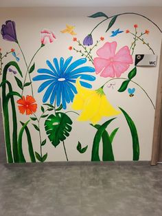 a painted wall with flowers and butterflies on it