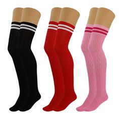 Stay warm and stylish with these 3 pairs of colorful thigh-high socks for women, designed to fit US shoe sizes 5-10. These knitted socks are long enough to be pulled over the knee, offering both warmth and a fashionable look with their cable knit texture and double stripe design. Perfect for pairing with boots or skirts, these lightweight socks are comfortable for all-day wear, keeping your feet relaxed and cozy. Each package includes three pairs of thigh-high socks that can be stretched to abou Thigh High Knit Socks, Slouch Socks, Stylish Socks, Knit Texture, Knitted Socks, Over The Knee Socks, Purple Shoes, Socks For Women, Thigh High Socks