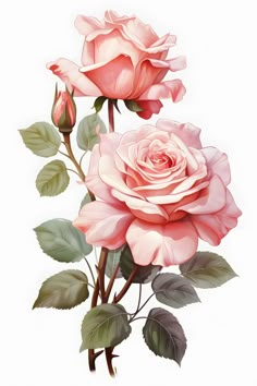 two pink roses with green leaves on a white background