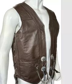 Mens Brown Original Cow Leather Vest Chain Concho Motorcycle Biker Waistcoat New | eBay Fall Biker Vest Outerwear, Fall Biker Vest, Brown Streetwear Vest With Pockets, Biker Style Vest Outerwear For Biker Events, Winter Biker Vest With Pockets, Biker Style Vest For Biker Events, Brown Biker Vest For Biker Events, Brown Biker Vest For Events, Winter Biker Events Vest Outerwear