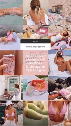 a collage of photos showing different women in bikinis and bathing suits on the beach