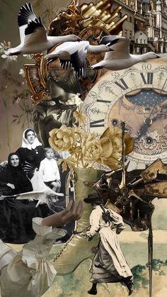 an artistic collage with women and clocks