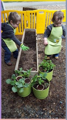 two children in aprons are planting plants