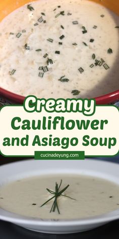 creamy cauliflower and asiago soup in a bowl