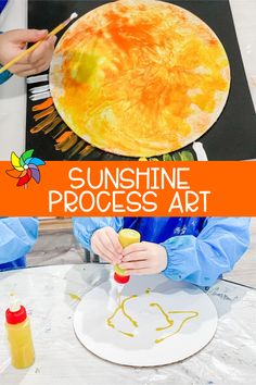 a child is painting on a paper plate with the words sunshine process art in front of them