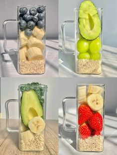 four different blenders filled with fruits and vegetables