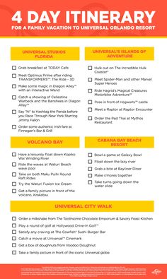 the four day itinerary for family vacation to universal studios resort is shown in red and yellow