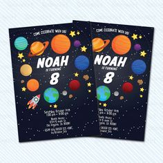 two space themed birthday party flyers with the names noah and 8 on them, in front of