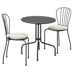 the table and two chairs are black with grey cushions on them, while the rest of the chair is gray