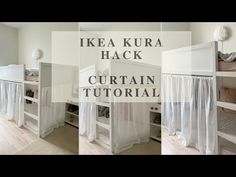 three pictures of bunk beds with curtains on them and the words ikea kura hack curtain