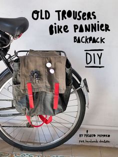 an old trouser's bike pannier back pack is displayed