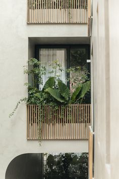 an apartment building with plants in the balconies