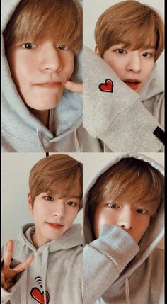 four pictures of the same person with different facial expressions and hair styles, all wearing hoodie sweatshirts