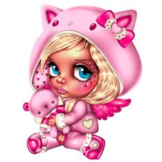 a cartoon girl with blue eyes holding a pink teddy bear