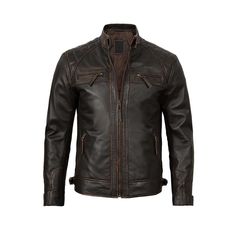 Get ready to turn heads with this spectacular vintage brown leather jacket! With a distressed design, quilted shoulder pattern, and edgy features like zippered pockets, a zip fastener, and a strap collar and cuffs, this jacket is the ultimate fashion statement for any man. Whether you're cruising down the open road or commuting in style, this cafe racer masterpiece will set you apart from the crowd. Specification: 100% Real Lambskin Leather.  Internal fully lined with soft polyester. Distressed Brown Quilted Leather Jacket For Winter, Fitted Rugged Vintage Brown Leather Jacket, Fitted Rugged Leather Jacket In Vintage Brown, Fitted Brown Quilted Outerwear, Brown Fitted Rugged Biker Jacket, Rugged Fitted Brown Biker Jacket, Brown Rugged Fitted Biker Jacket, Rugged Brown Fitted Biker Jacket, Fitted Vintage Brown Leather Winter Jacket