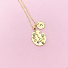 This is gold tone Cubic Zirconia Palette charm with hand stamped initial charm on brass or stainless-steel chain. ♥ You will receive ONE necklace. HOW TO ORDER 1) Choose the quantity. 2) Choose the initial in the option or add a note to seller at checkout. 3) Add to the cart. DESCRIPTION ♥ Necklace, Real 18K Gold Plated Brass Cable Chain Necklaces Making, with Lobster Claw Clasp, Size: about 17.51 inch(44.5cm) long (excluding chain extender) ♥ Initial Charms Stainless Steel, Size: about 8-10mm i Customizable Gold Charm Necklace For Birthday, Customizable Gold Charm Necklaces For Birthday, Gold Hand Stamped Charm Necklace For Birthday, Gold Hand Stamped Necklace For Birthday, Gold Hand Stamped Necklace For Birthday Gift, Hand Stamped Gold Jewelry For Birthday Gift, Necklaces Making, Artist Palette, Red Tigers Eye