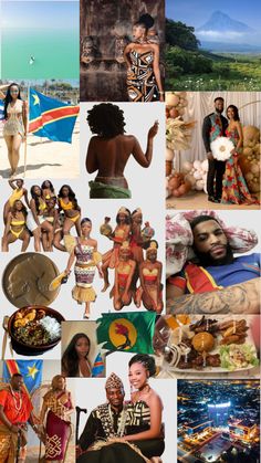 the collage shows many different people in their native outfits and body art, including an african