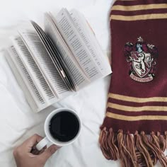 a person holding a cup of coffee next to a harry potter scarf