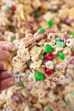 a close up of a person holding a spoon full of cereal mix