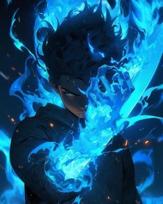 an anime character with blue flames in his hands