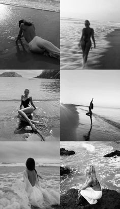 black and white photos of people in the water at the beach, one woman is sitting on her surfboard