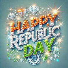 the words happy republic day written in 3d letters with diamonds and jewels on a blue background