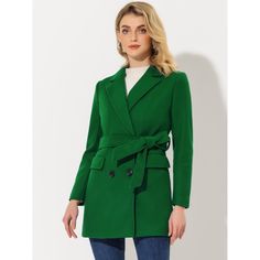 The long trench coat is shaped in a classic double-breasted cut. This soft, elegant coat with a tie around the waist detail is a classic look and will keep you warm in the cool weather. Whether you want to dress up your look or just stay warm in casual winter, it is a better choice for you. The self-tie belt style is flattering and fits more different body shapes. Solid Color Belted Double-breasted Pea Coat, Classic Green Double-breasted Pea Coat, Green Double-breasted Pea Coat With Buttons, Double-breasted Green Wool Coat For Winter, Green Double-breasted Pea Coat With Button Closure, Suede Trench Coat, Summer Vest, Winter Outwear, Elegant Coats