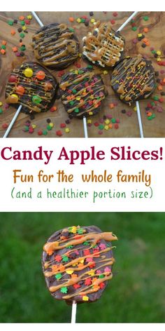 an image of candy apple slices on a stick with the words fun for the whole family and a healthier portion size