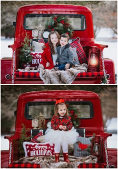 two children are sitting in the bed of a red truck with christmas decorations on it