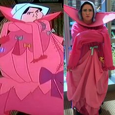 two pictures of women dressed in costumes and one is wearing a pink dress