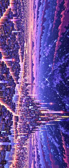 an image of a futuristic city with colorful lights and stars in the sky, as if from outer space