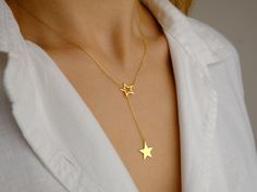 14k Gold Personalized Minimal Initial Star Lariat Necklace *  Handmade Lariat Jewelry * Customized Dainty Y Necklace * Initial Drop Necklace * Gold Valentines Gift * Gift for Her  * Star Drop Initial Necklace * Gift for Wife * Personalized Gifts * Custom Name Gifts * Necklace for Women * Bridesmaid Jewelry * Minimalist Necklace * Celestial Jewelry ✿ The delicate stars harmonize in a simple yet meaningful dance, embodying unique connections and moments. It is an ideal gift for birthdays, annivers Gift Lariat Necklace With Star Charm, Lariat Necklace With Star Charm For Gift, Gold Lariat Necklace With Star Charm, Lariat Necklaces With Star Charm For Gift, Star-shaped Lariat Necklace With Adjustable Chain As Gift, Elegant Star Lariat Necklace Gift, Elegant Star-shaped Lariat Necklace Gift, Elegant Star-shaped Lariat Necklace, Drop Necklace Gold