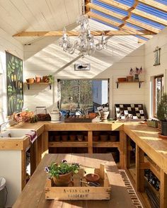 a kitchen filled with lots of wooden counter tops and counters under a glass ceilinged area