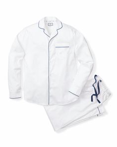 Classic white never goes out of style. Crisp, versatile, and always on-trend. This elegant white pajama set is accented with navy piping and finished with pearl buttons. The fabric is made from 100% of the finest quality cotton. It is yarn-dyed to prevent fade and brushed for added softness making the sleepwear feel absolutely luxurious, getting cozier after each wash. You will be tucked in luxury and off to dreamland. Bonne nuit. Classic White Cotton Sleepwear, Classic White Sleepwear For Pajama Party, Classic White Long Sleeve Sleepwear, Classic White Relaxed Fit Sleepwear, White Sleepwear, Bat Embroidery, Pajama Set White, White Pajamas, French Stripes