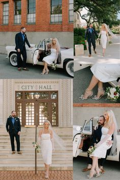 the bride and groom are getting ready to walk down the stairs in their wedding car