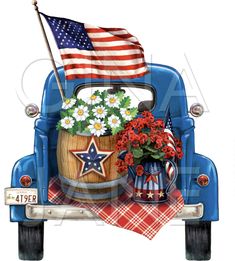 an old blue truck with flowers and a flag on the back door is painted in patriotic colors