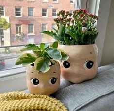 two planters with plants in them sitting on a couch